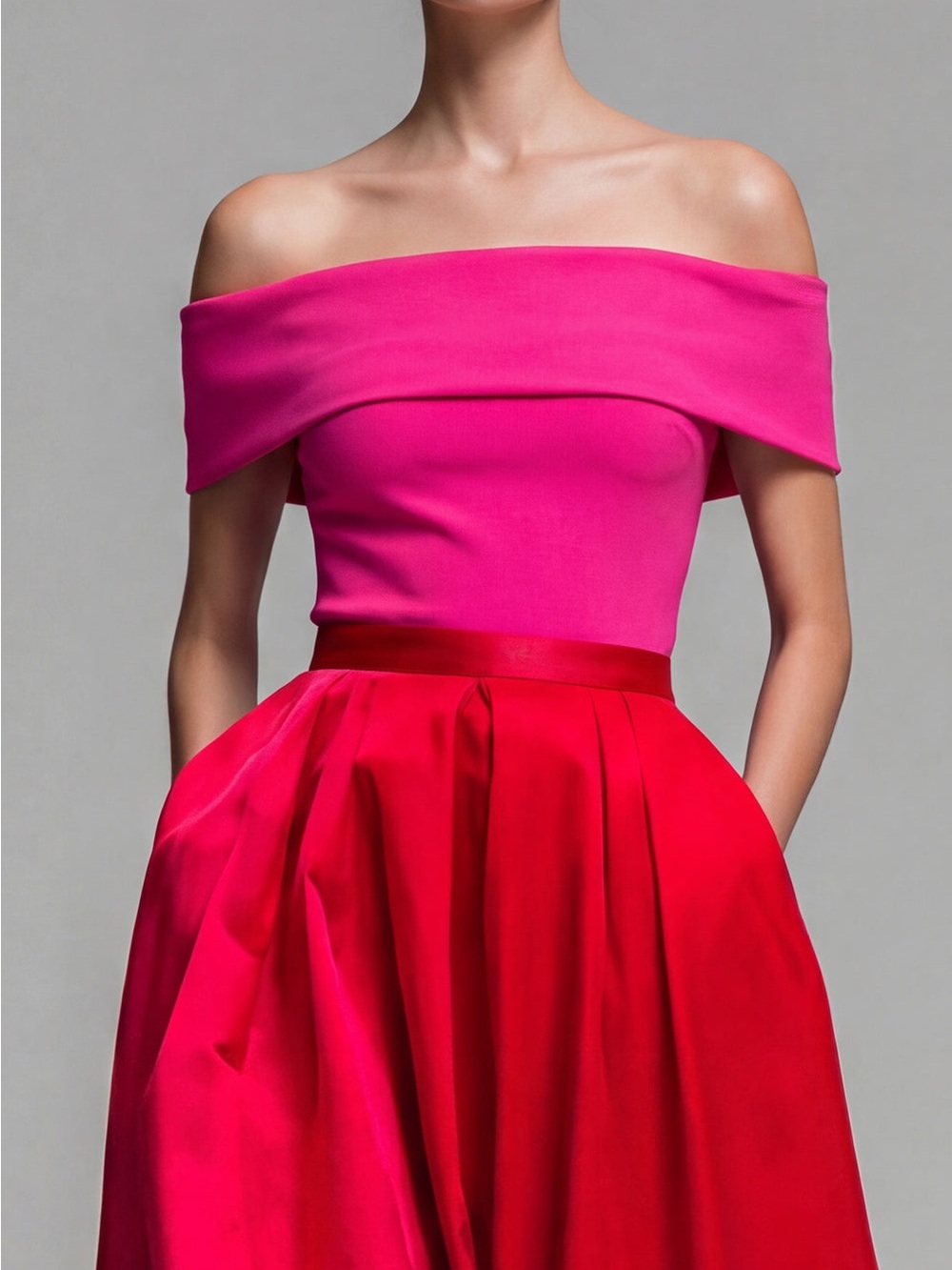 ASOS Two-Tone Pink and Red Off-Shoulder Evening Dress - Picture 3 of 6